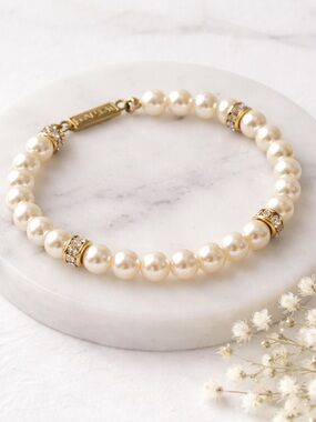 Vintage Napier Faux Pearl Bracelet Gold-Tone Rhinestone Spacer Classic Elegant